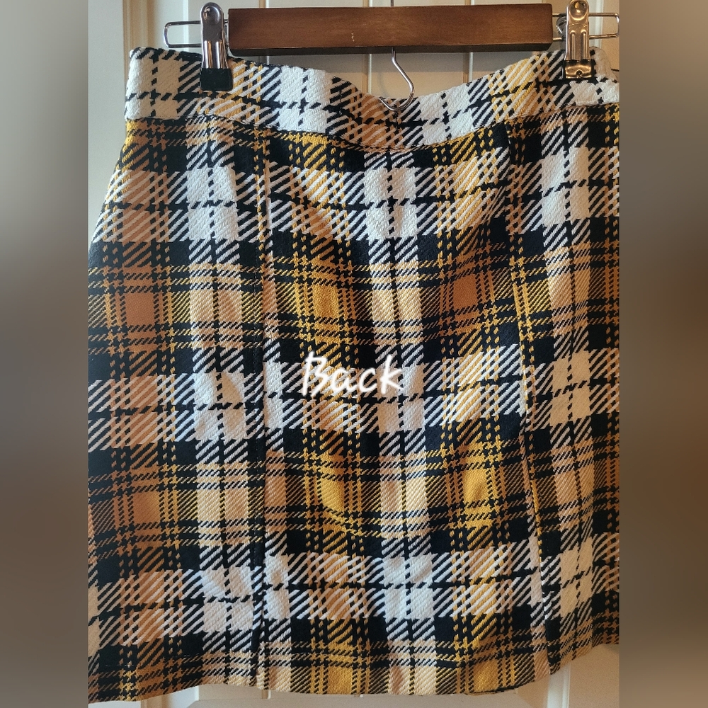 MAEVE Anthropologie Plaid Button Skirt Black Golden Yellow 6 - Picture 7 of 13
